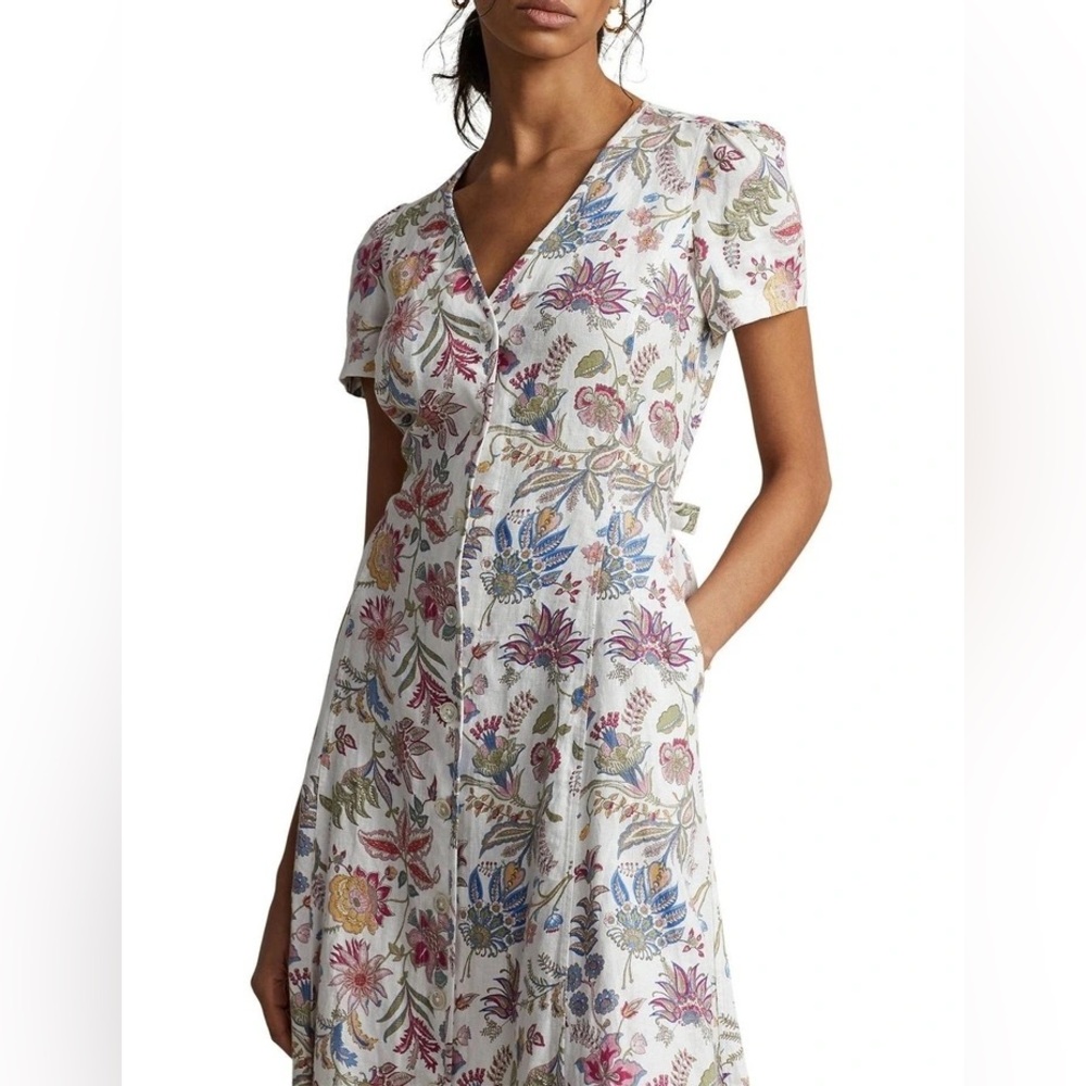 Polo Ralph Lauren Floral 100% Linen V-Neck Midi Dress Pink Elegant 8/M - Picture 7 of 16